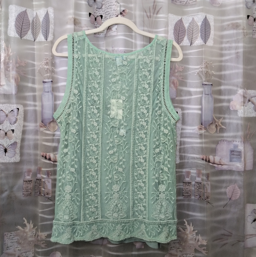 NWTSundance Embroidered Floral Sheer Mint Green Lace Boho Sleeveless Top Lined L - Picture 7 of 15